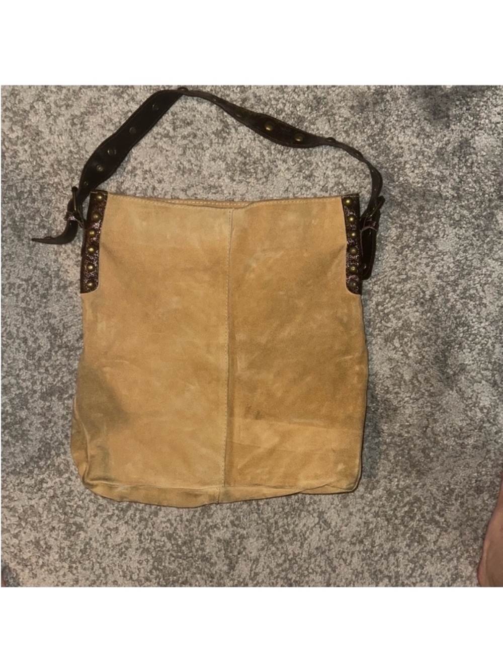 Emporio Armani Tan Suede Messenger Bag with Dark Brown Studded Strap